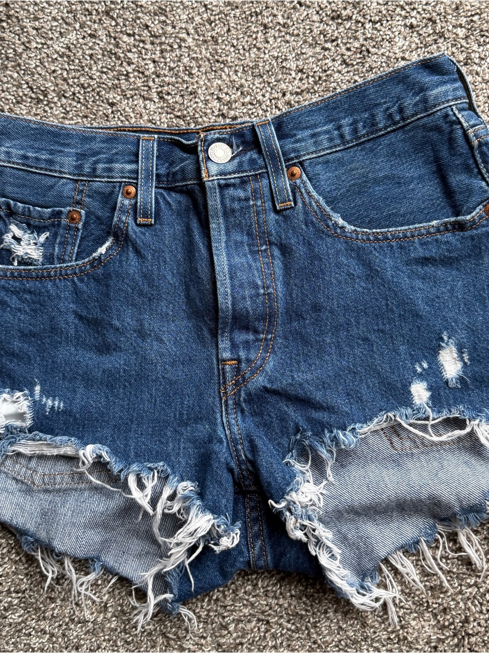 Distressed High-Rise Denim Cutoff Shorts - Dark Blue